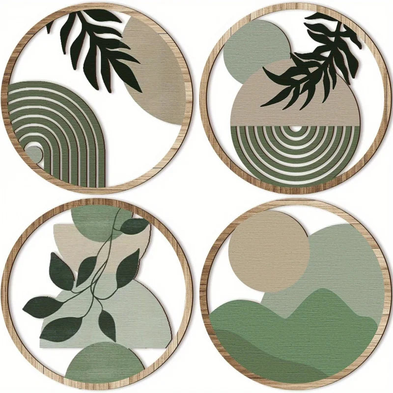4 Bohemian Wall Art Set - Wooden Farmhouse Aesthetic