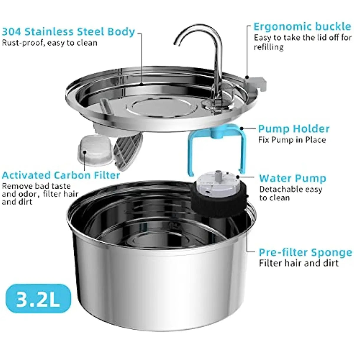 Automatic USB Pet Water Fountain; Stainless Steel