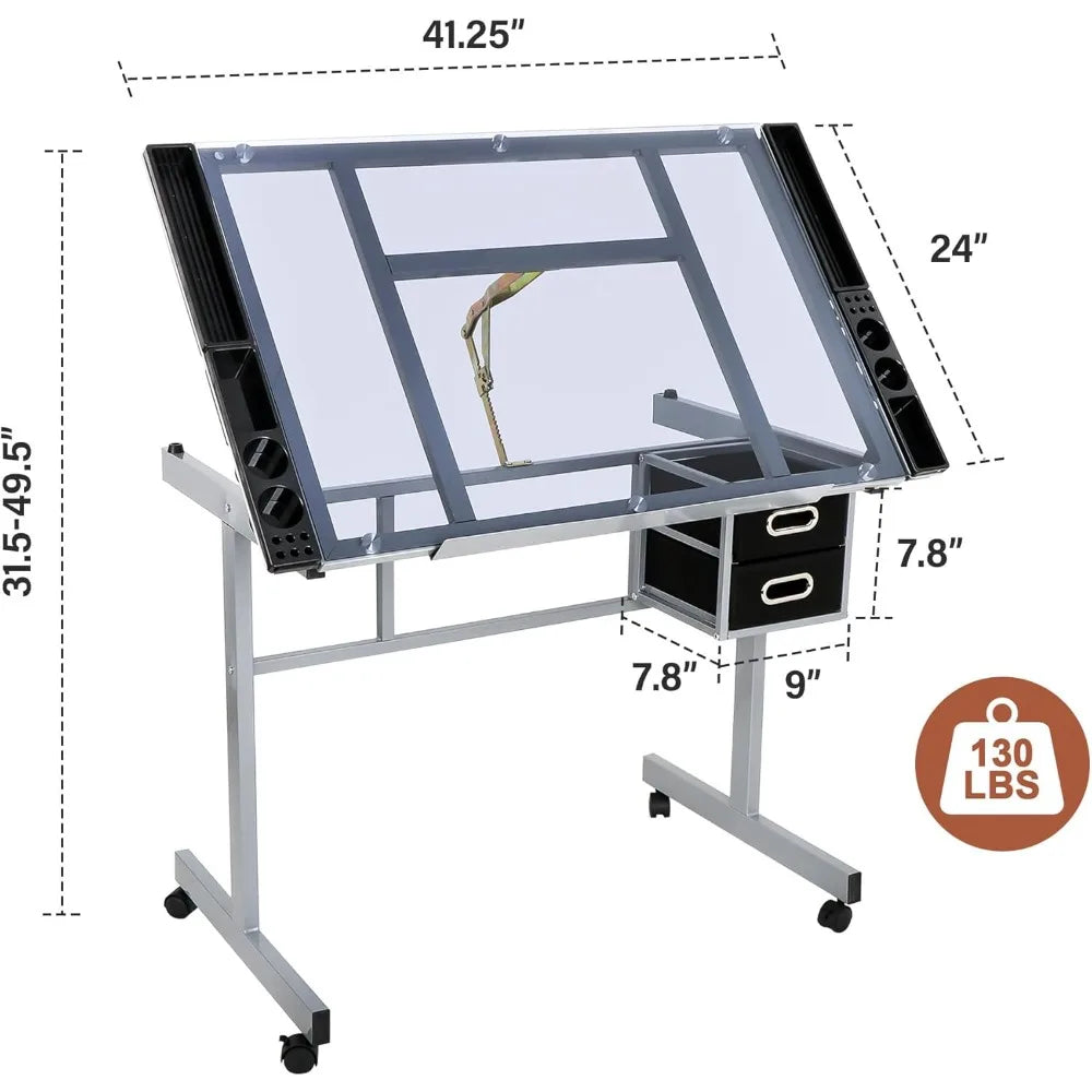 Glass Top Rolling Workstation for Arts, Crafts, Drafting