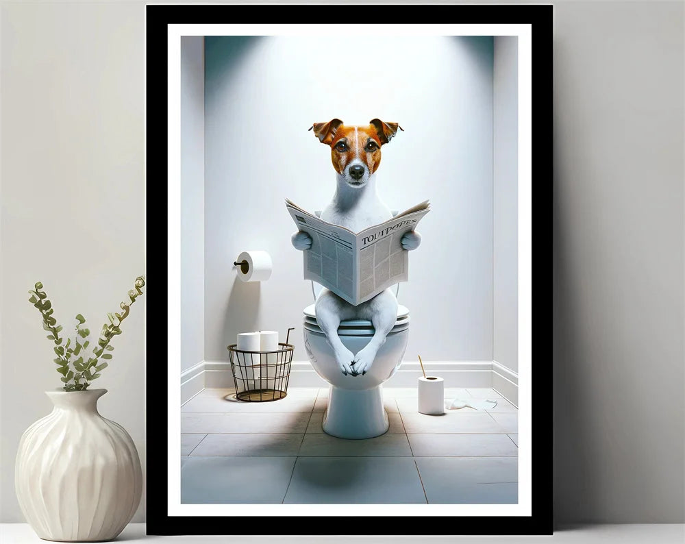 Animals Reading Newspaper on Toilet Canvas Print