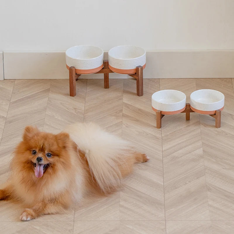 Large Ceramic Double Elevated Bowls, Wooden Stand