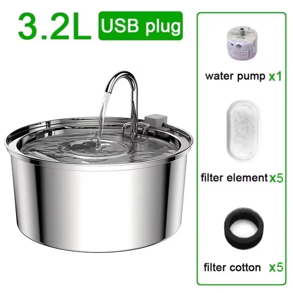 Automatic USB Pet Water Fountain; Stainless Steel
