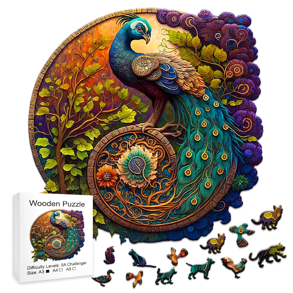 Adult Animal Wooden Puzzles Round Peacock