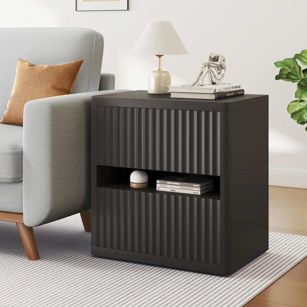 Mid-Century Black Fluted 2-Drawer End Table or Nightstand