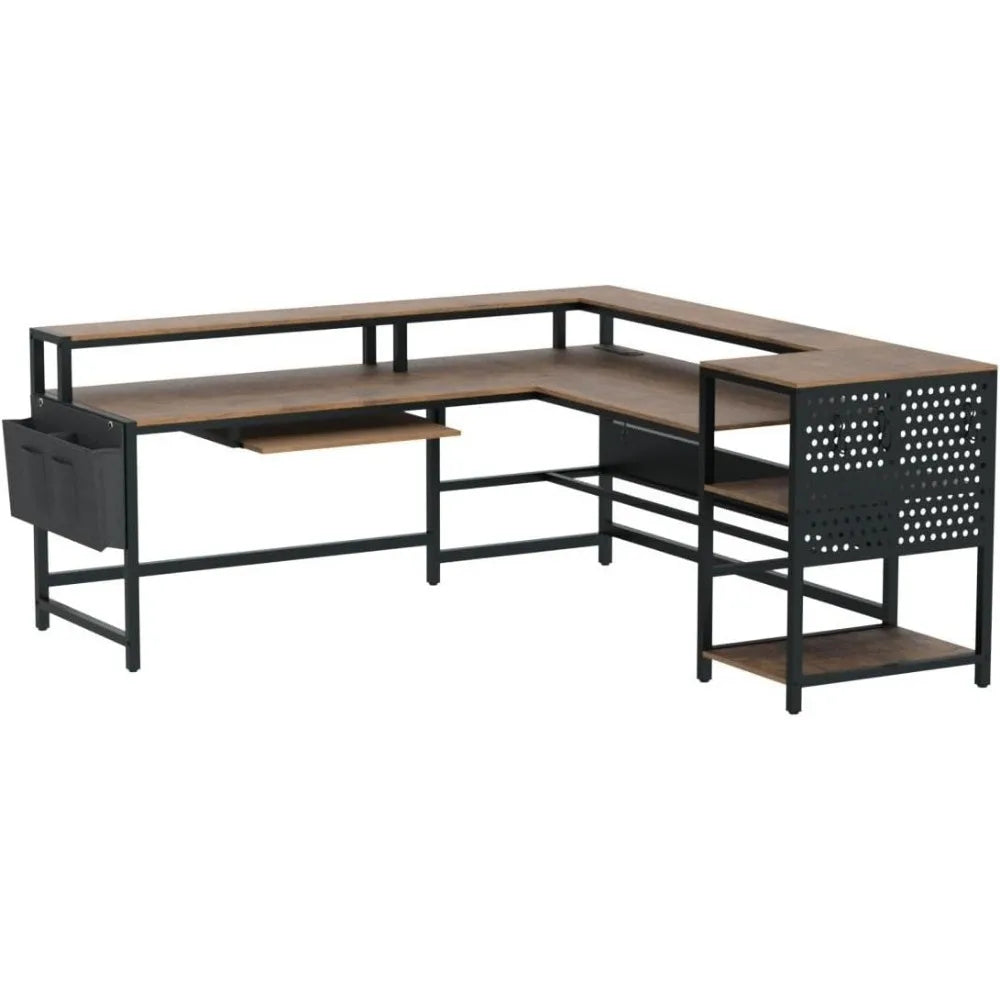 L Shaped Computer Desk with Power Outlets & LED Strip