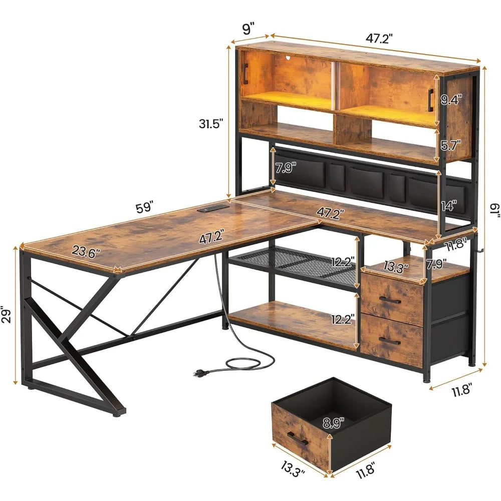 L- Shaped Computer/Office/Gaming Desk: LED Light, 2 Colors