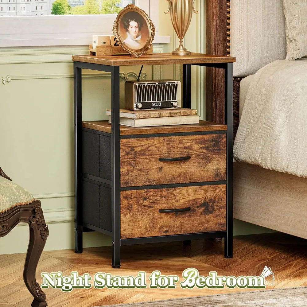 2-Drawer Nightstand, Open Shelf, Rustic Brown,