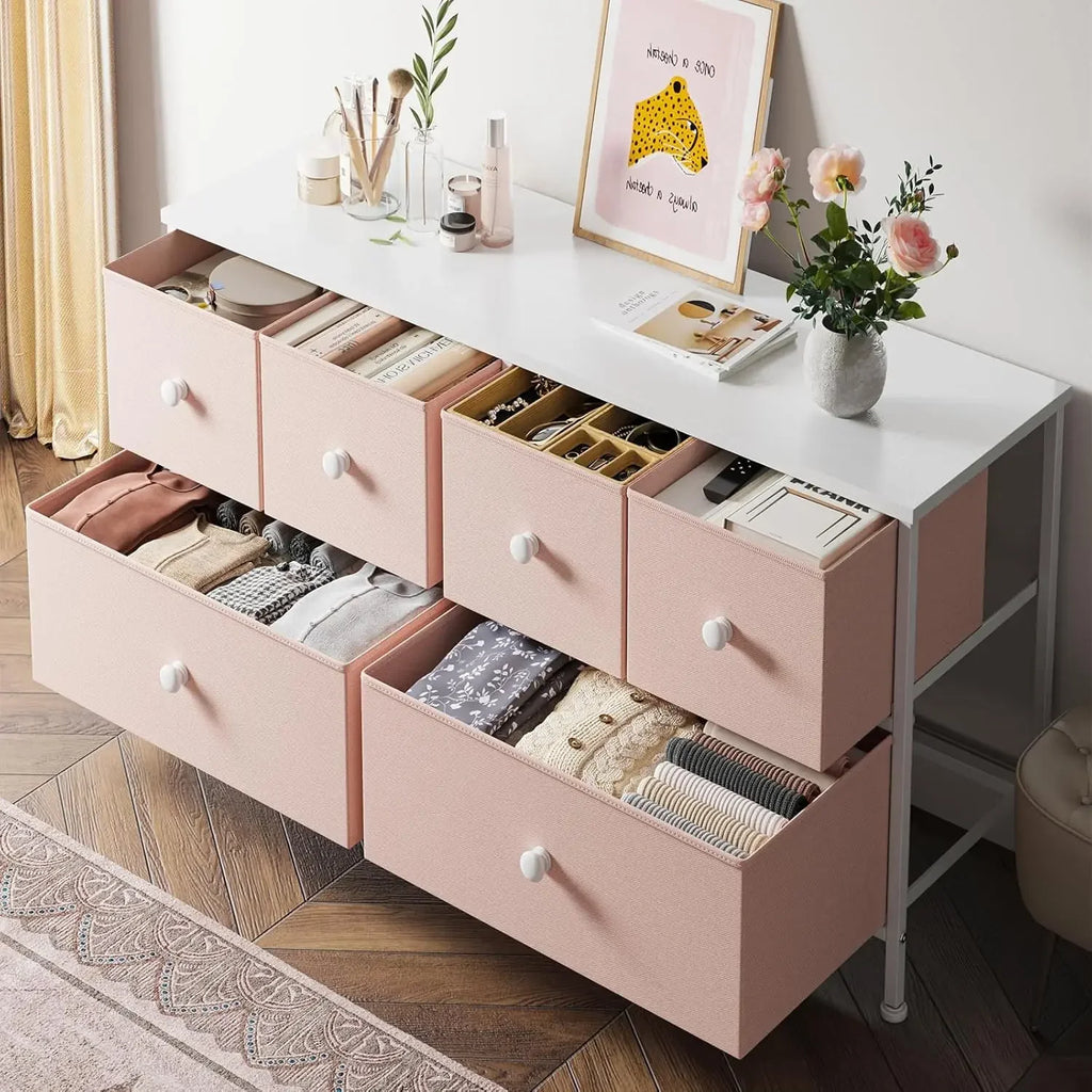 Pink 6-Drawer Dresser; Sturdy Metal Frame