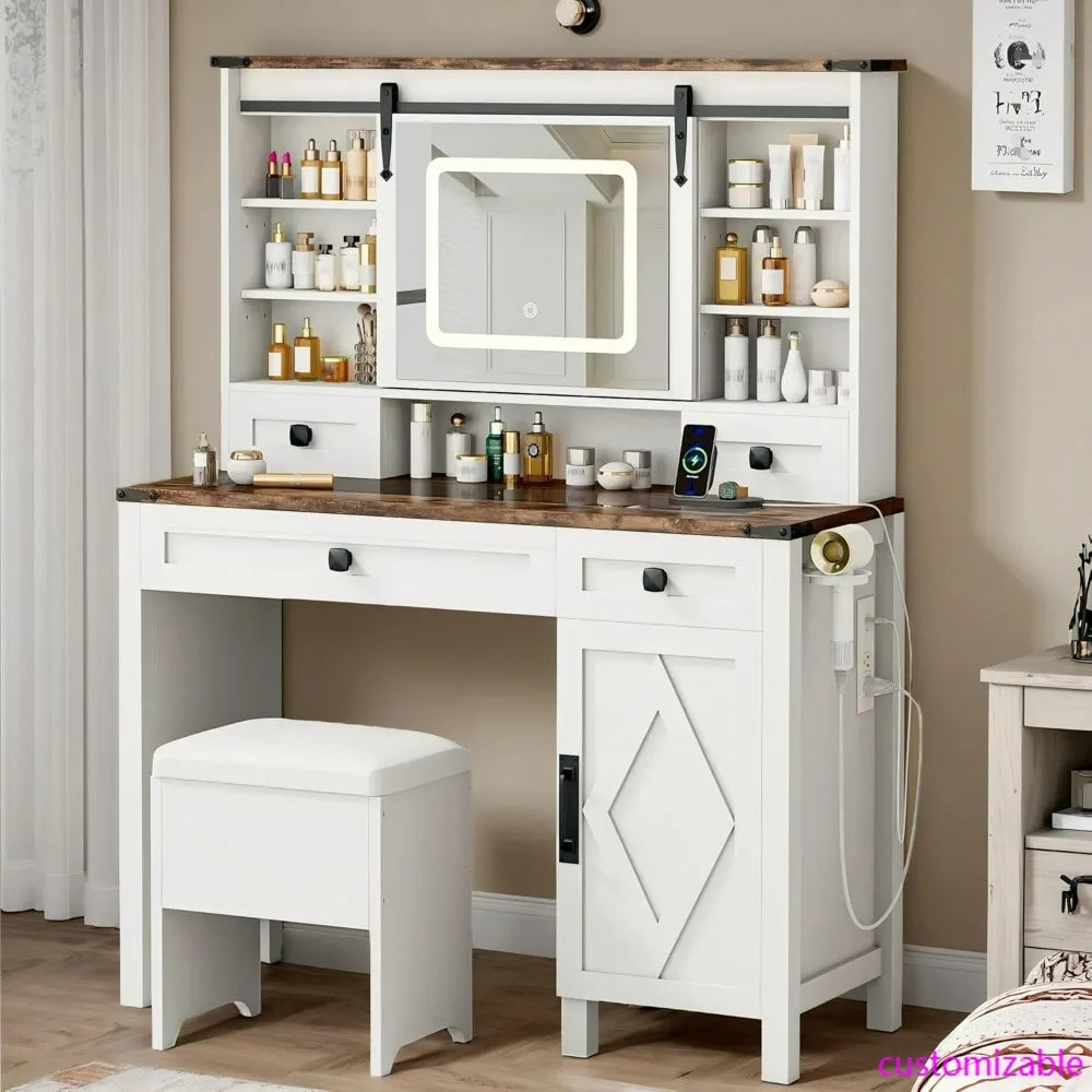 Desk/Makeup Vanity, Sliding Mirror, Glass Top, Power Outlet