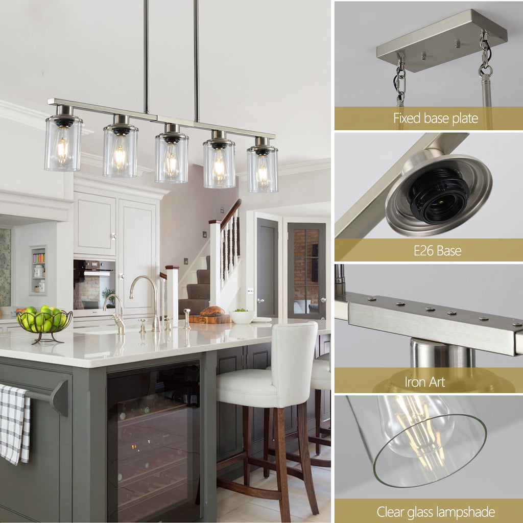 Industrial 5-Light Chandelier, Glass Shades; 4 Colors Available
