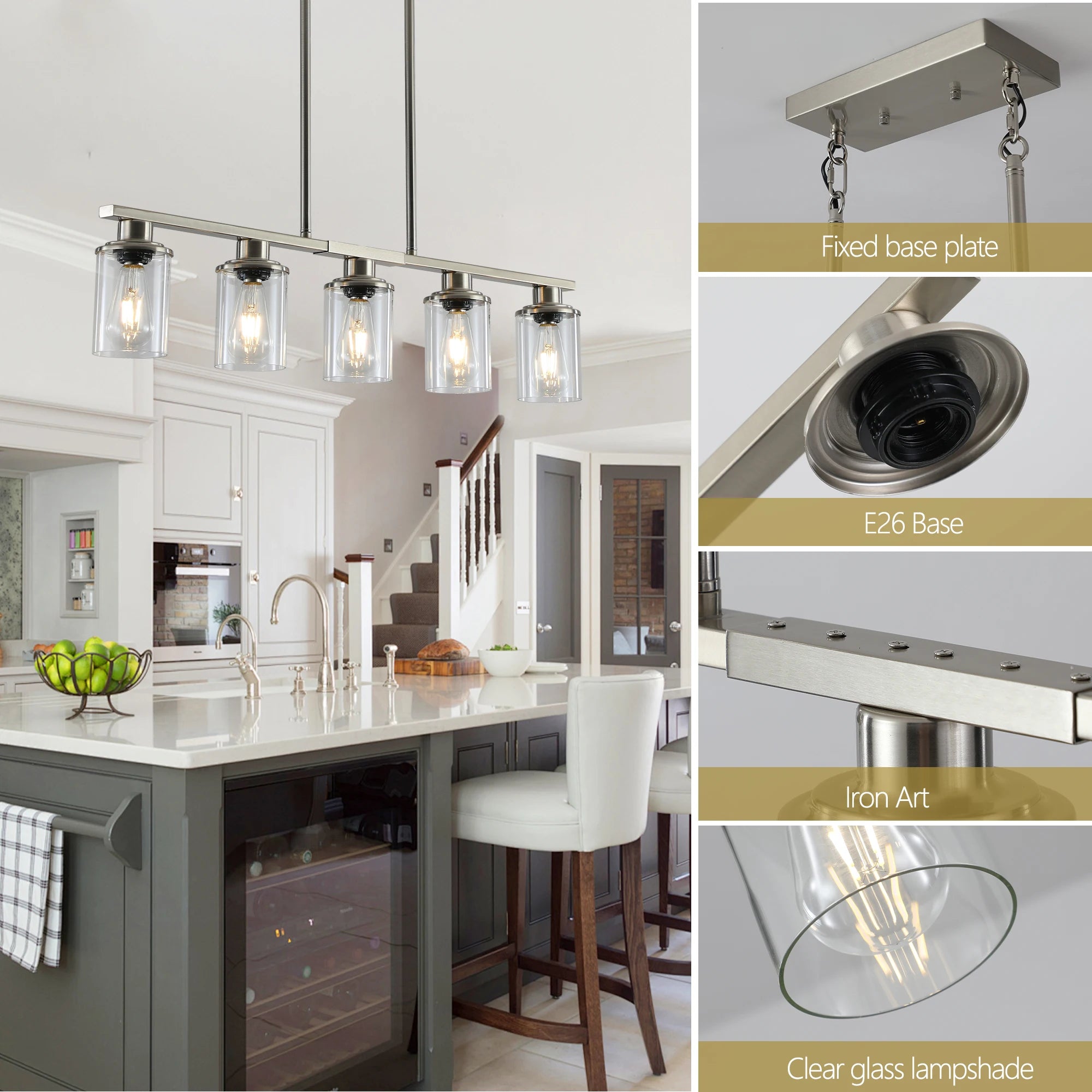 Industrial 5-Light Chandelier, Glass Shades; 4 Colors Available