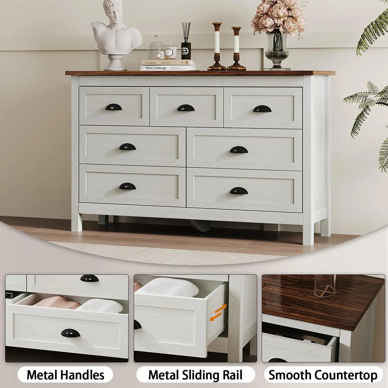 Farmhouse Style 7-Drawer Dresser; Black Drawer Pulls