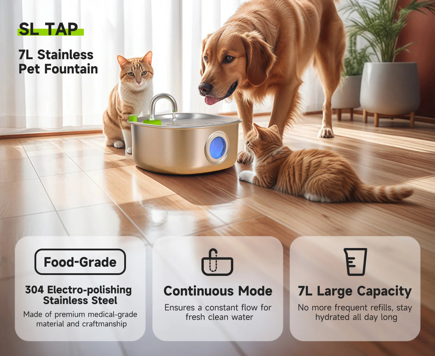 7L Dog Water Fountain, 304 Stainless Steel