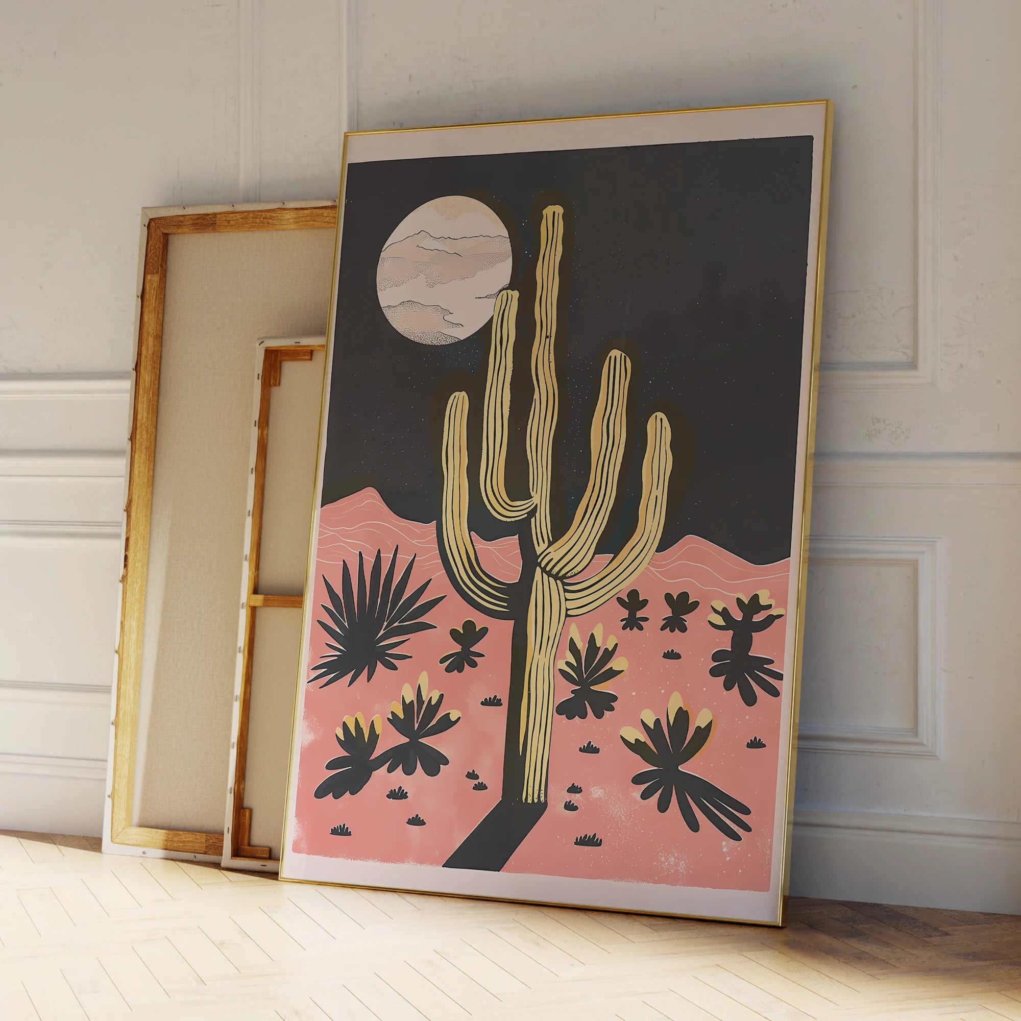 Modern Desert Night Moon Giant Cactus Print