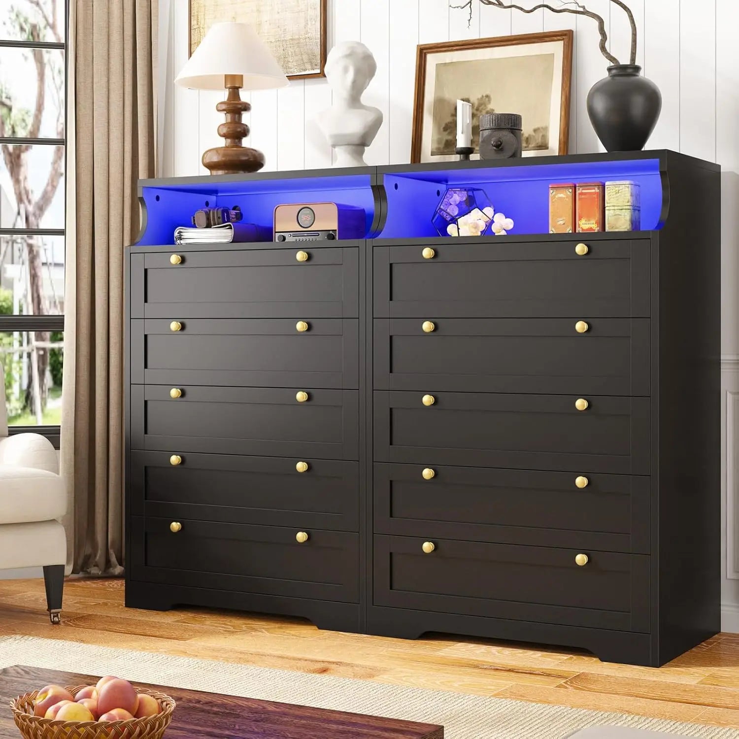 Modern Black Dresser, 5 Drawers, Gold Hardware, 2  Shelves & LED Lights