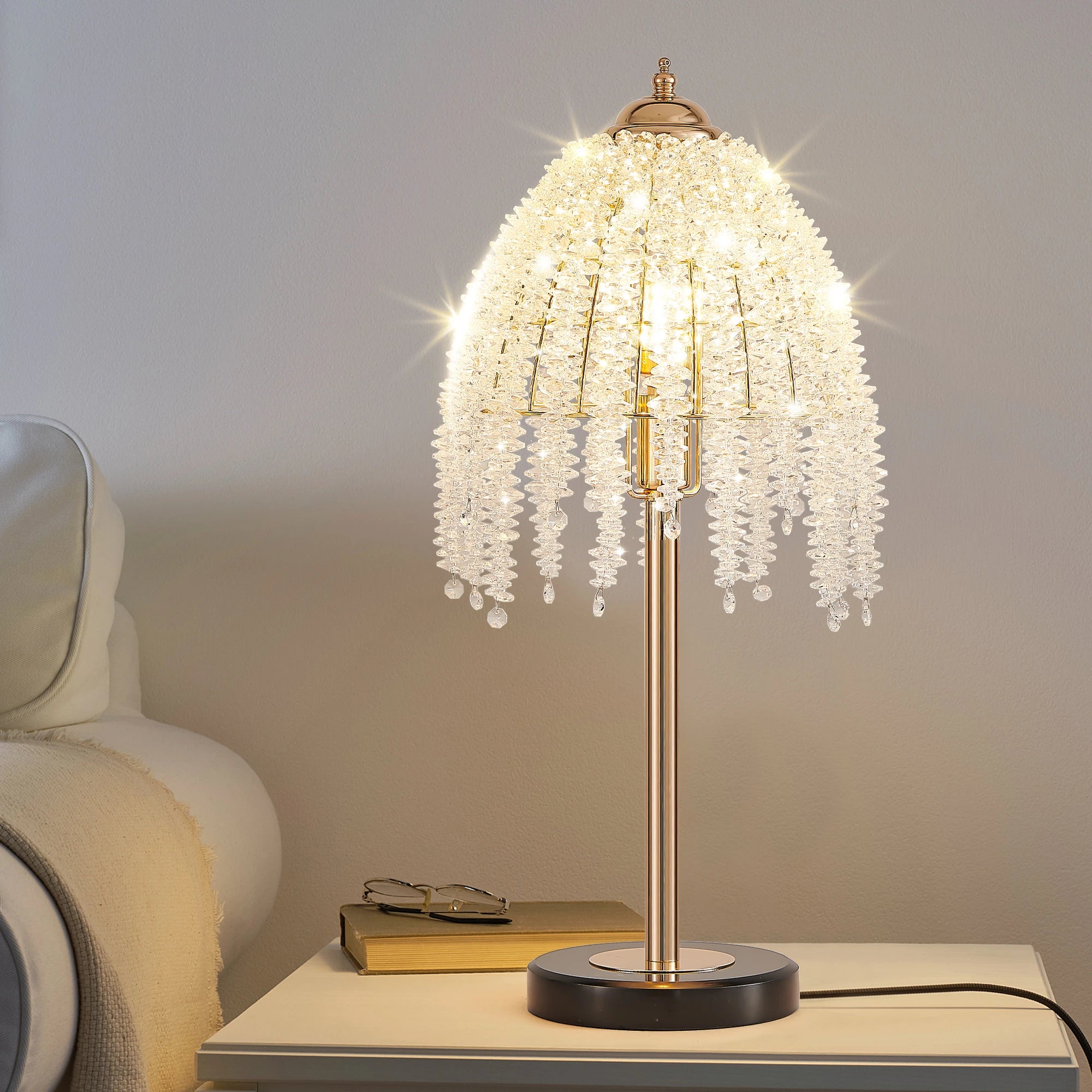 Crystal Table Lamp, Waterfall Design. Crystal Bead String Shade.