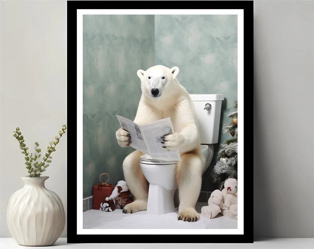 Animals Reading Newspaper on Toilet Canvas Print