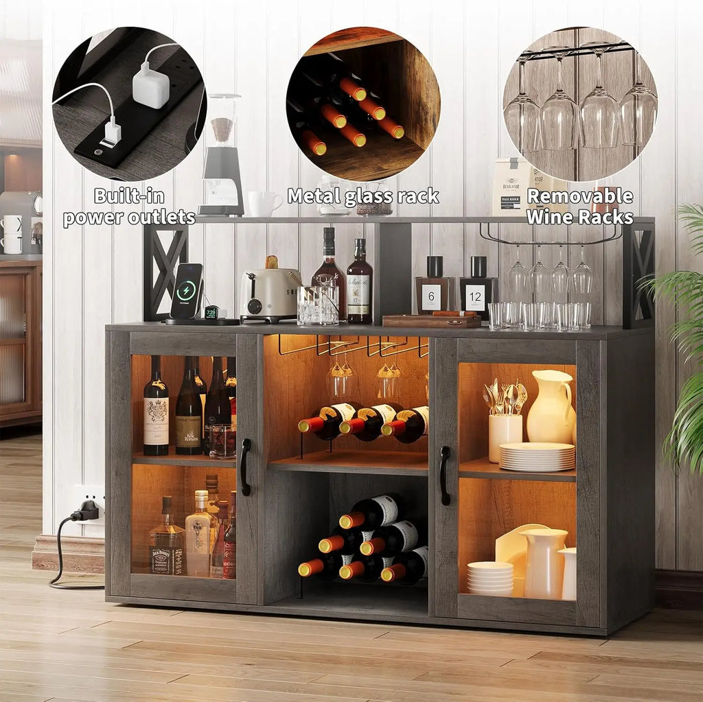 Wine/Coffee Bar Cabinet, Wine Rack, LED Lights, 4 Colors