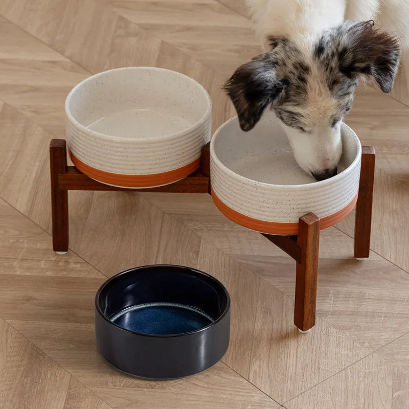 Large Ceramic Double Elevated Bowls, Wooden Stand