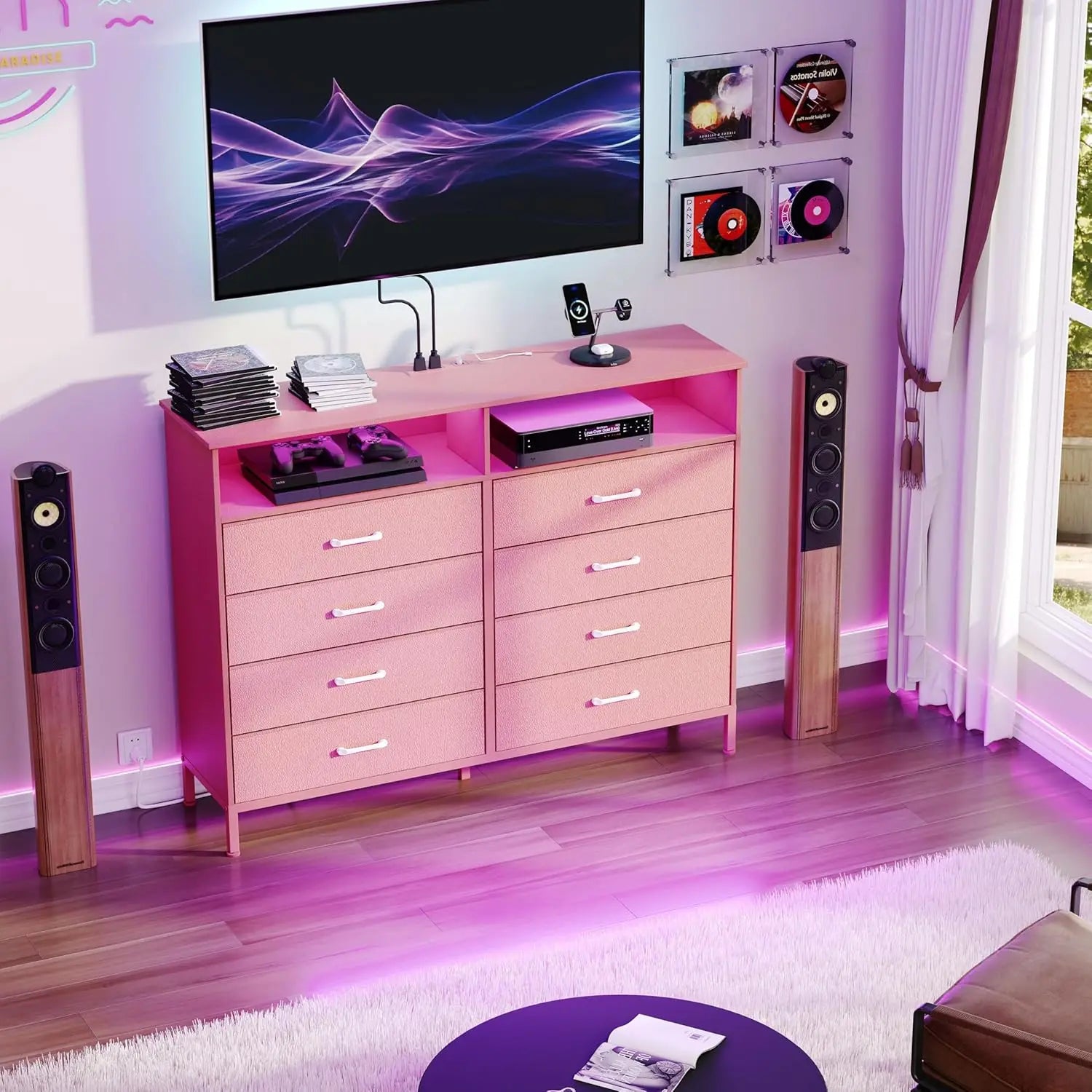 Pink Dresser, 8 Fabric Drawers, LED Lights, Charging Station,