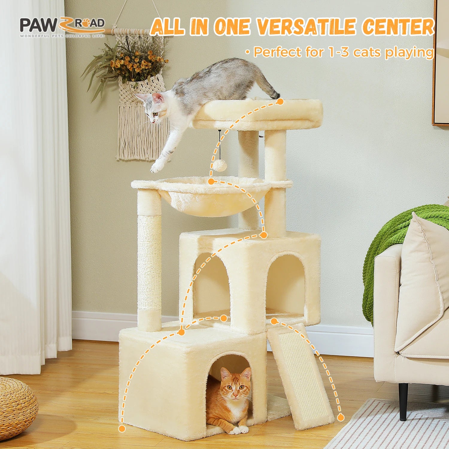 Spacious Cat Tower; Natural Sisal Scratching Posts