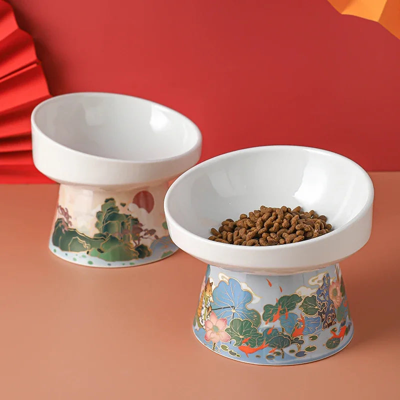 Chinese Style Elevated Ceramic Cat Water/Food Bowl
