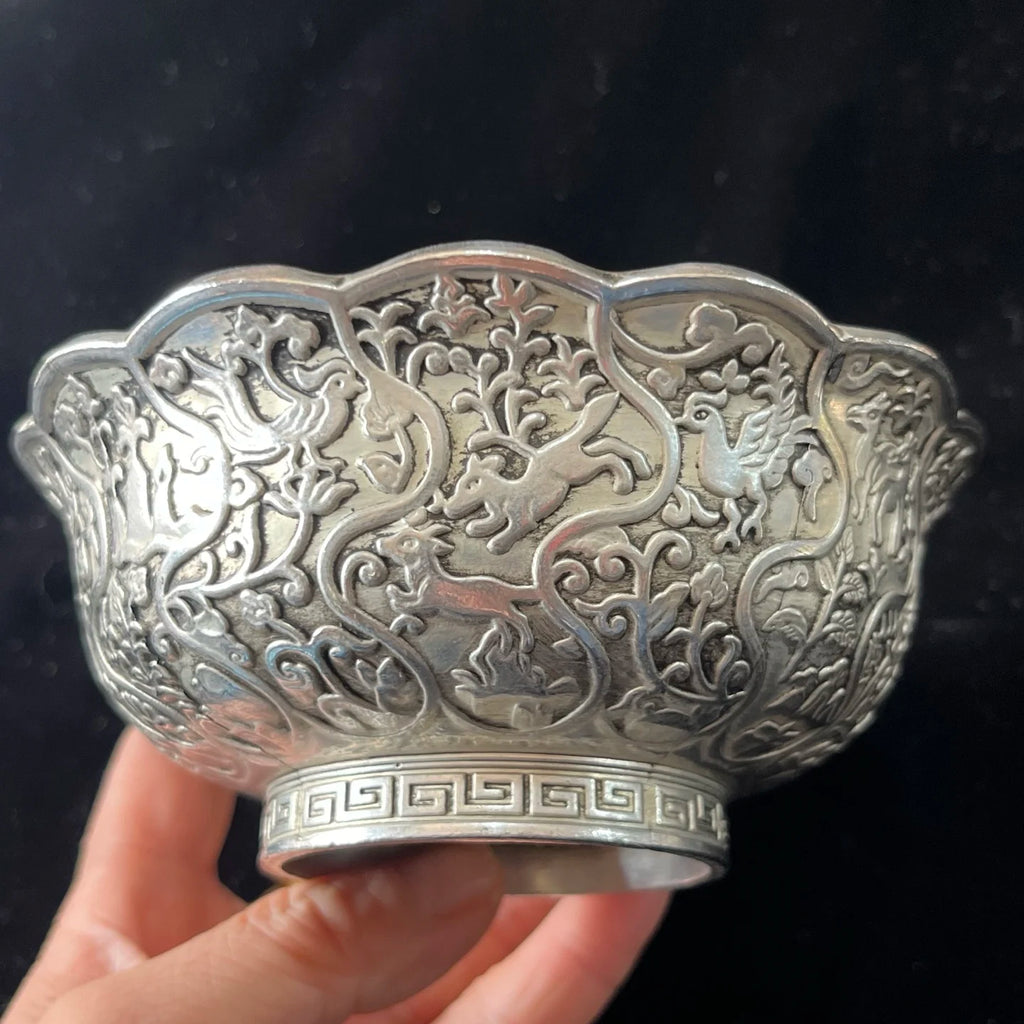 Tibetan Silver Lace Bowl embossed flower/Animals pattern