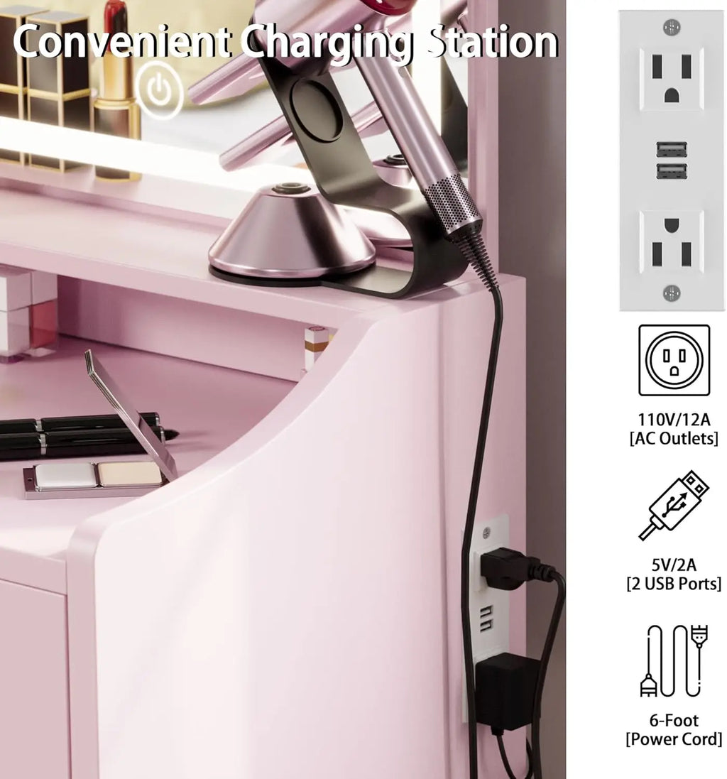 Pink Vanity/Desk: Mirror, Lights, Drawer, Bench Seat, 3 Shelves,