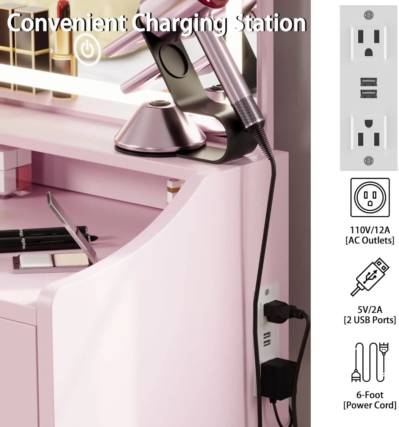 Pink Vanity/Desk: Mirror, Lights, Drawer, Bench Seat, 3 Shelves,