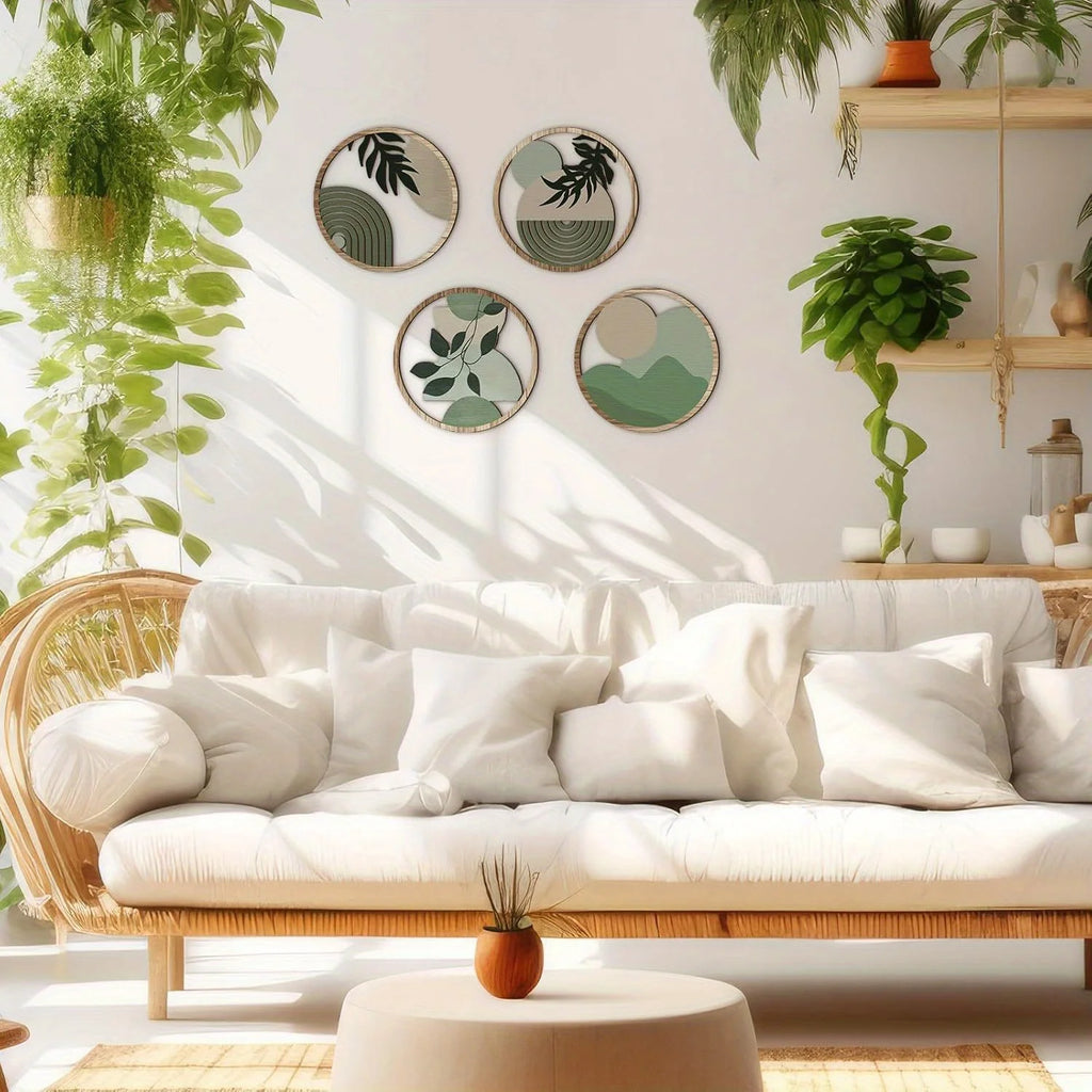 4 Bohemian Wall Art Set - Wooden Farmhouse Aesthetic