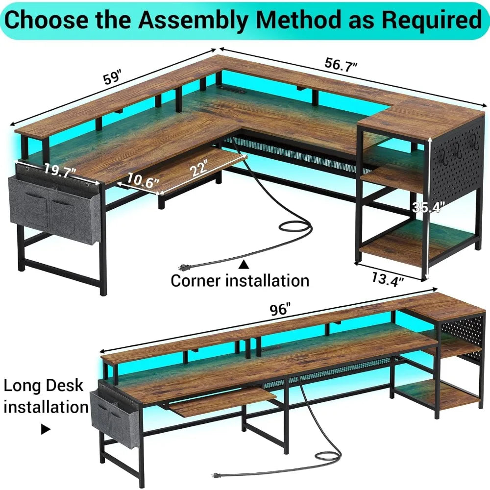L Shaped Computer Desk with Power Outlets & LED Strip