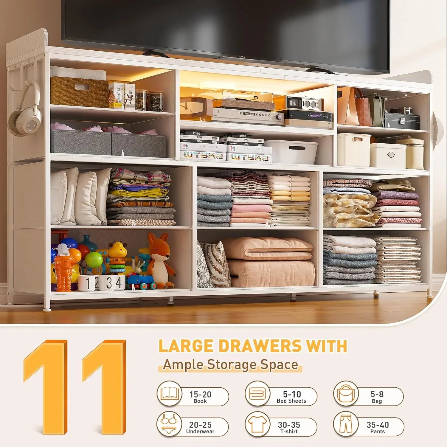 Dresser, 11 Drawers, Shelves with LED Lights, Charging Station