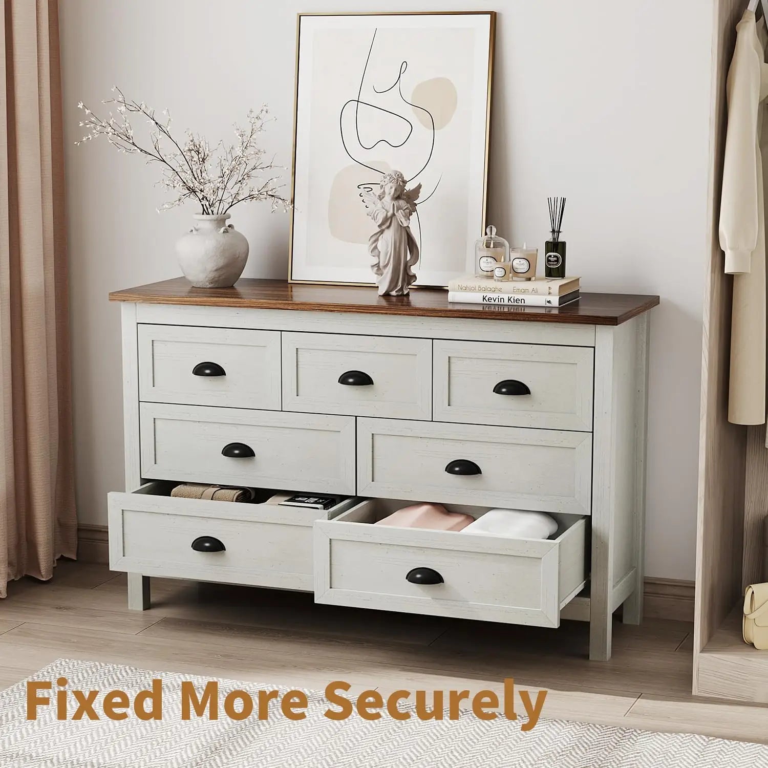 Farmhouse Style 7-Drawer Dresser; Black Drawer Pulls