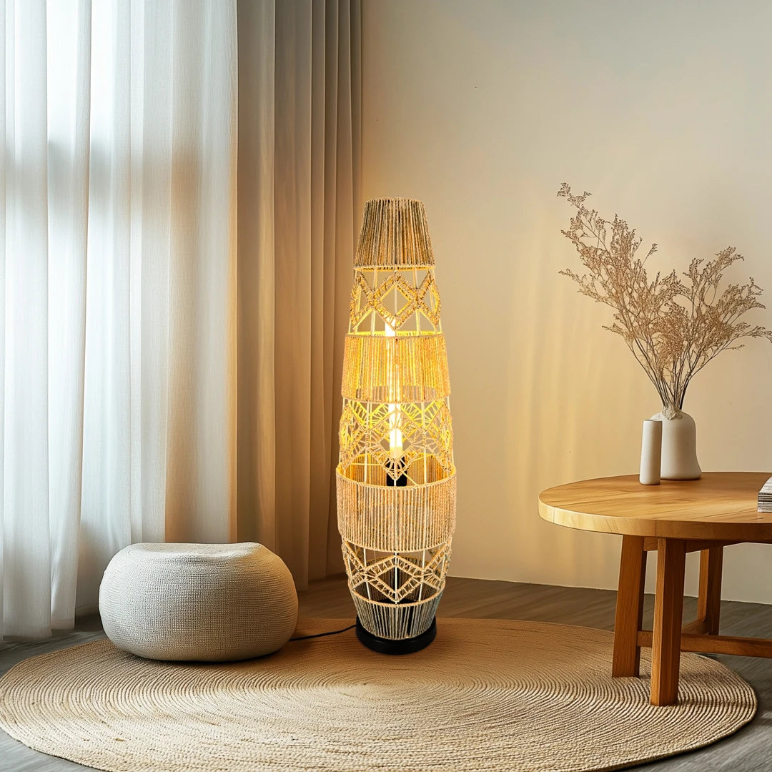 Boho Rattan Floor Lamp, Hand-Woven, LED Light-Bar