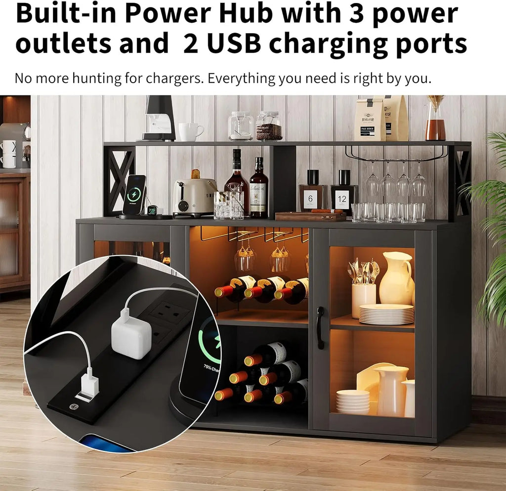 Wine/Coffee Bar Cabinet, Wine Rack, LED Lights, 4 Colors
