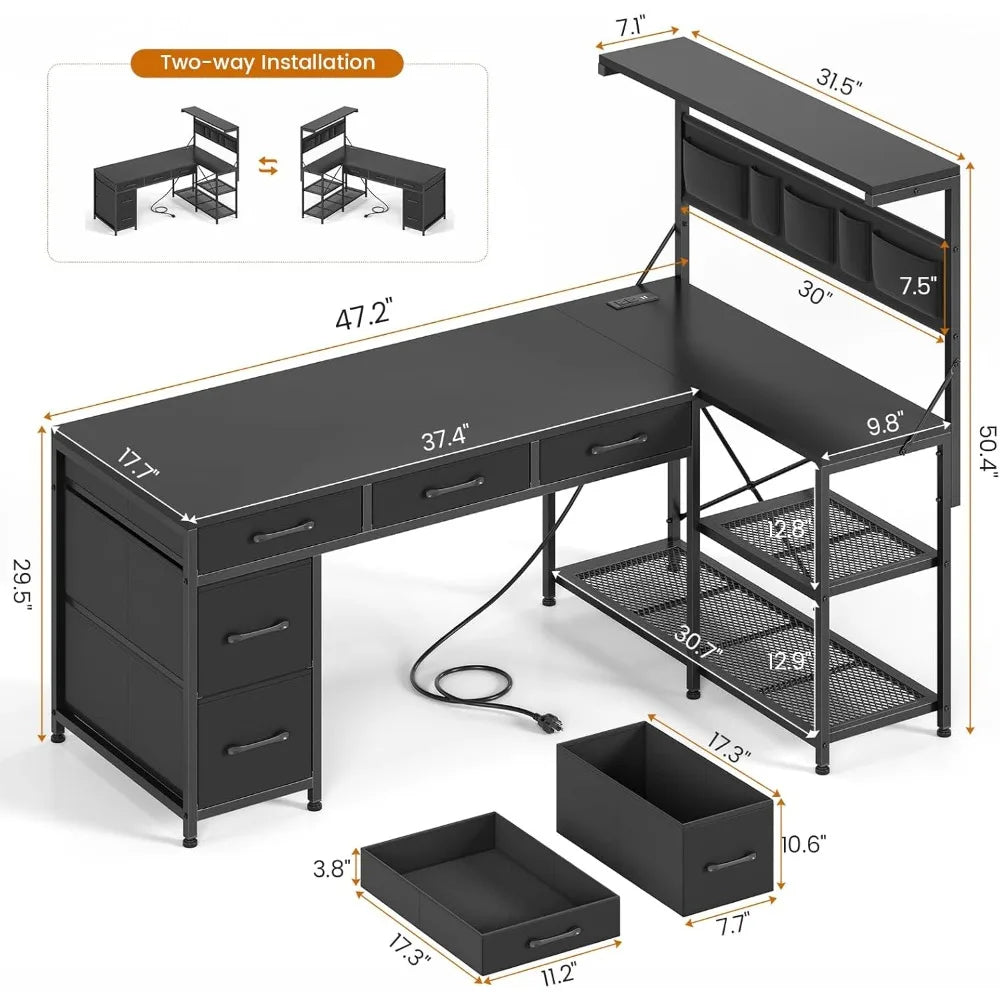 L Shaped Computer Desk with 5 Drawers and Storage Shelves