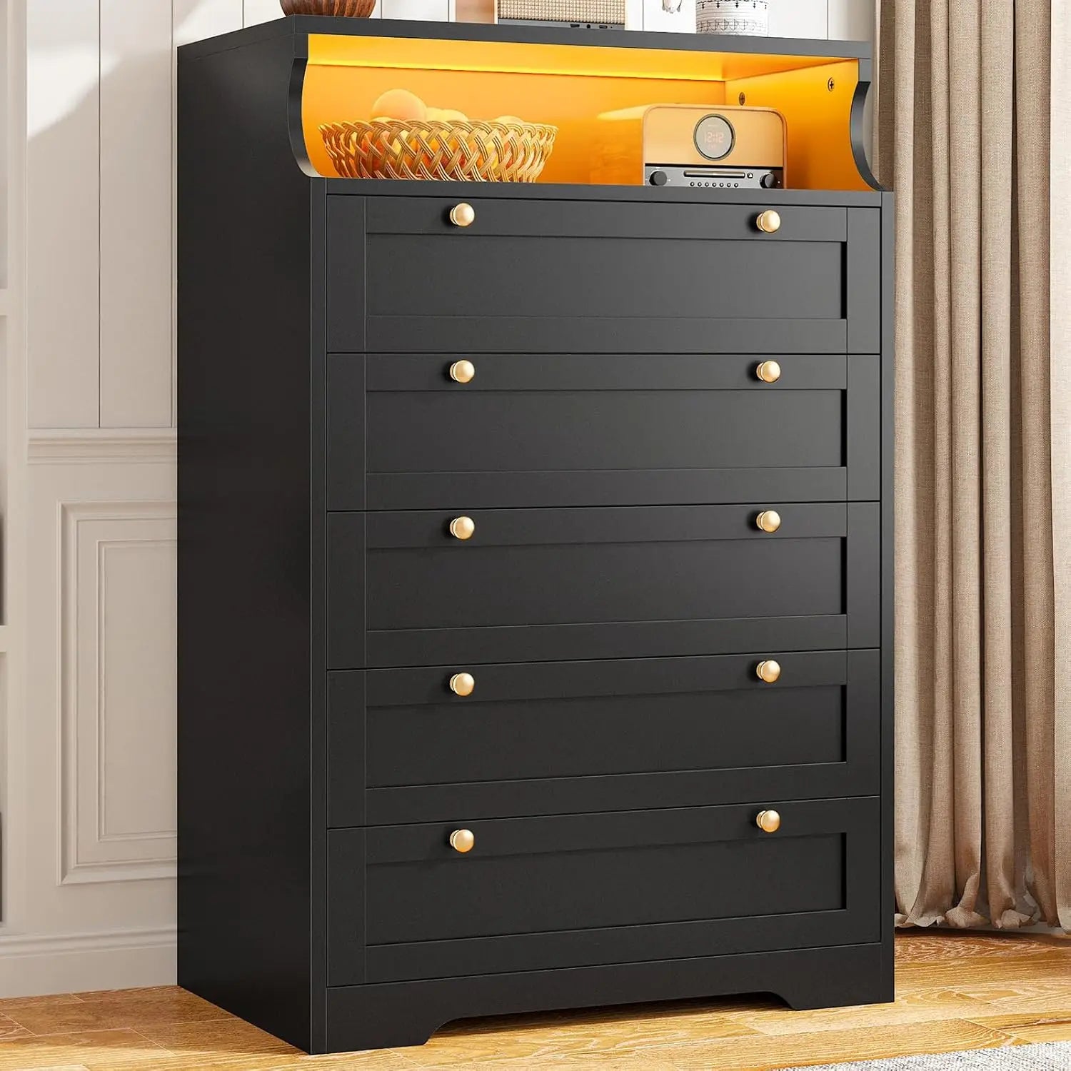 Modern Black Dresser, 5 Drawers, Gold Hardware, 2  Shelves & LED Lights