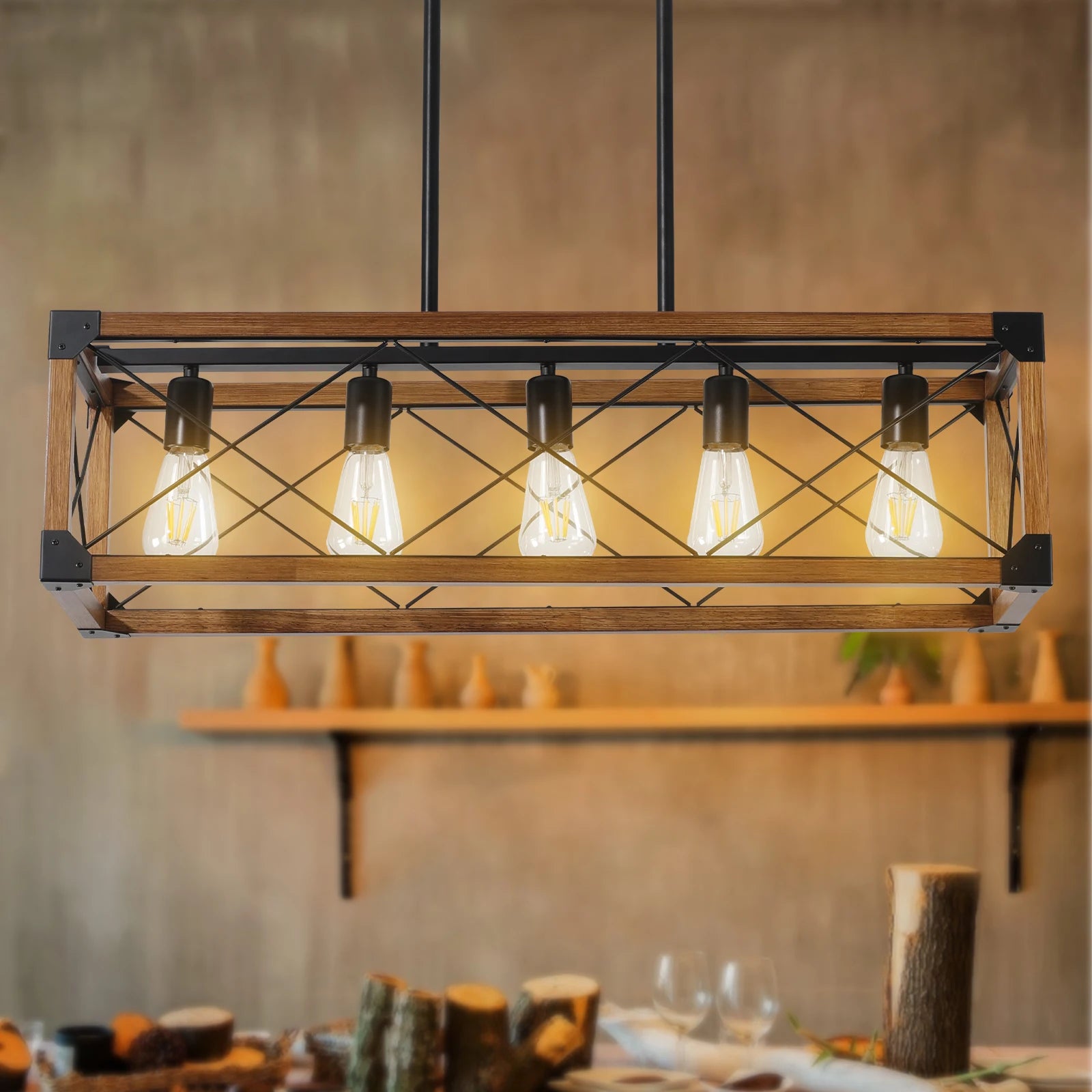 31“ Industrial Wood & Iron Frame, 5-Light Pendant
