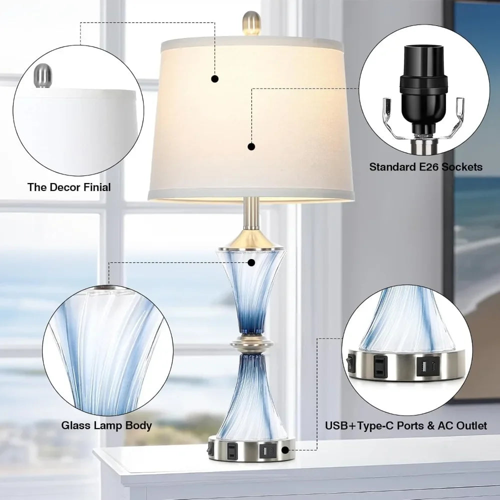 Blue Crystal Glass 28" Lamp, Drum Shade, Set of 2