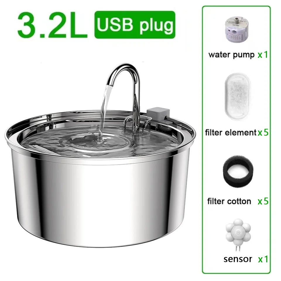 Automatic USB Pet Water Fountain; Stainless Steel