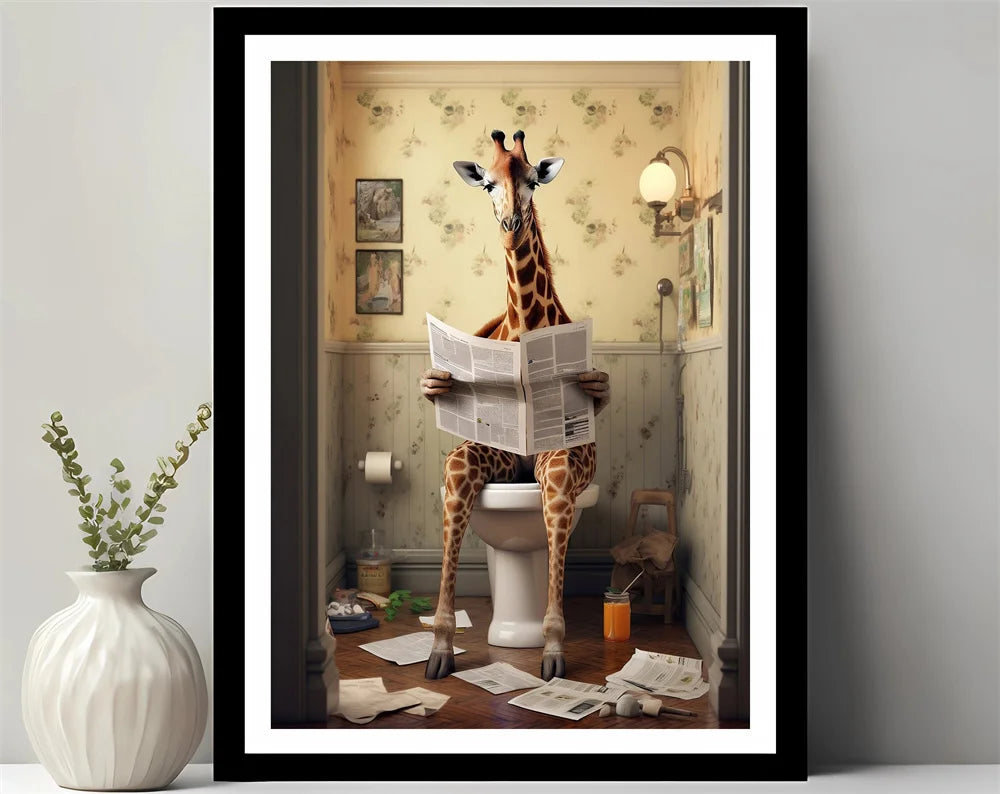 Animals Reading Newspaper on Toilet Canvas Print