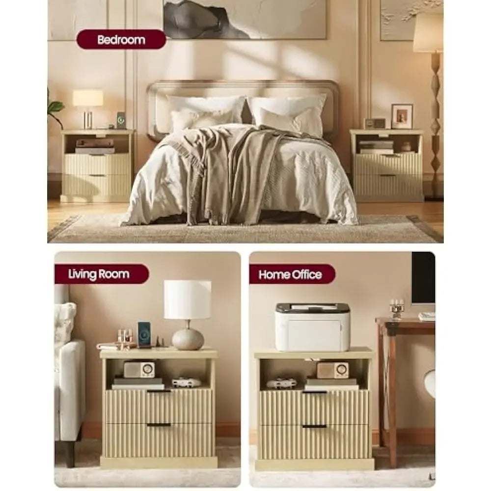 Fluted 2-Drawer Nightstand, AC Outlets, USB Ports; Set of 2