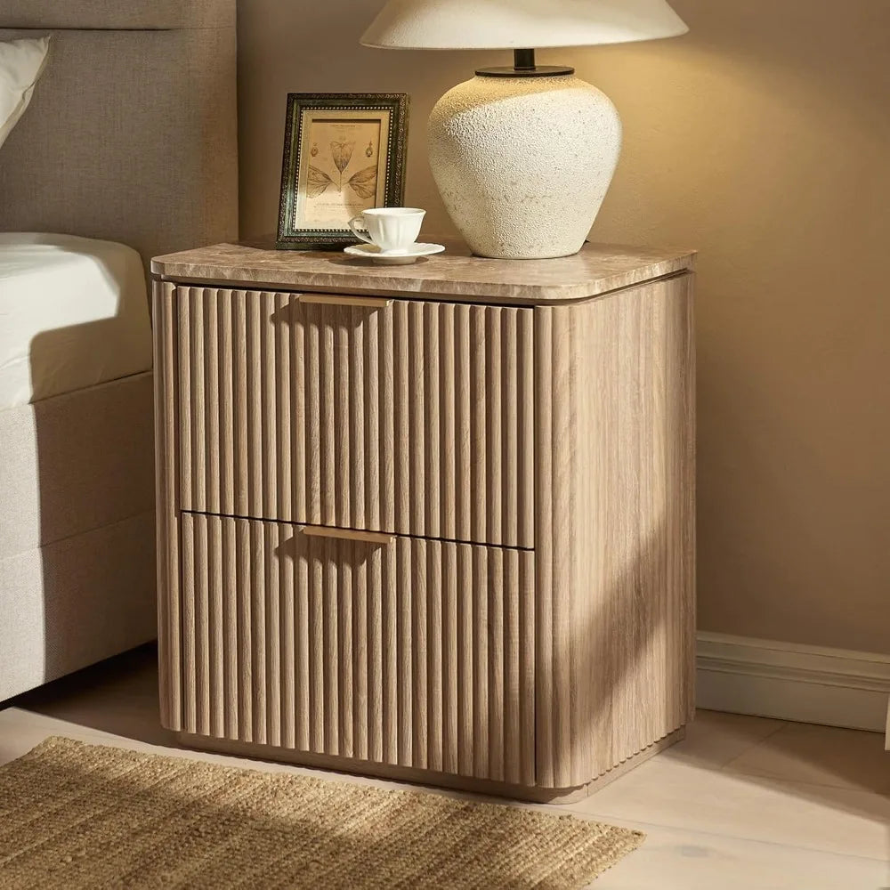 Curved Solid Wood Nightstand/End Table, Faux Marble Top