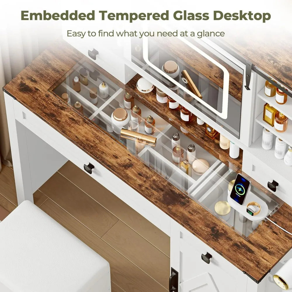 Desk/Makeup Vanity, Sliding Mirror, Glass Top, Power Outlet