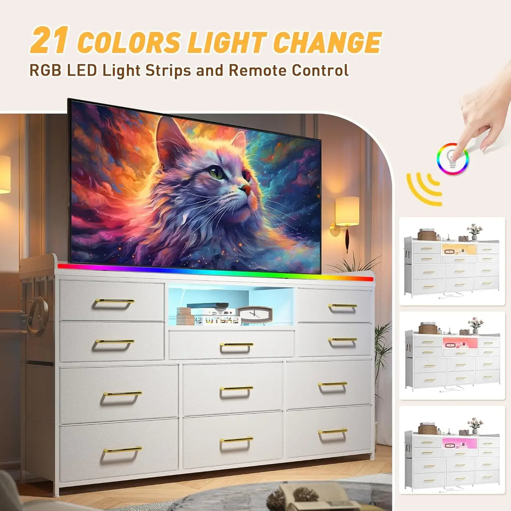 Dresser, 11 Drawers, Shelves with LED Lights, Charging Station
