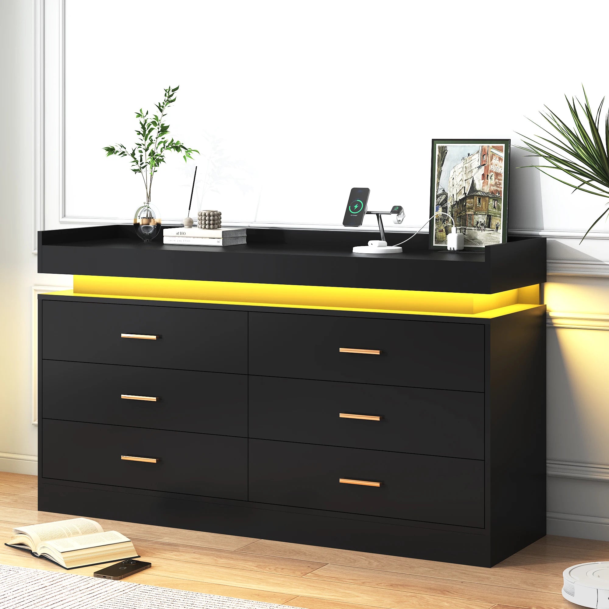 Modern Dresser with 6 Wide Drawers, Gold Hardware, LED Lights