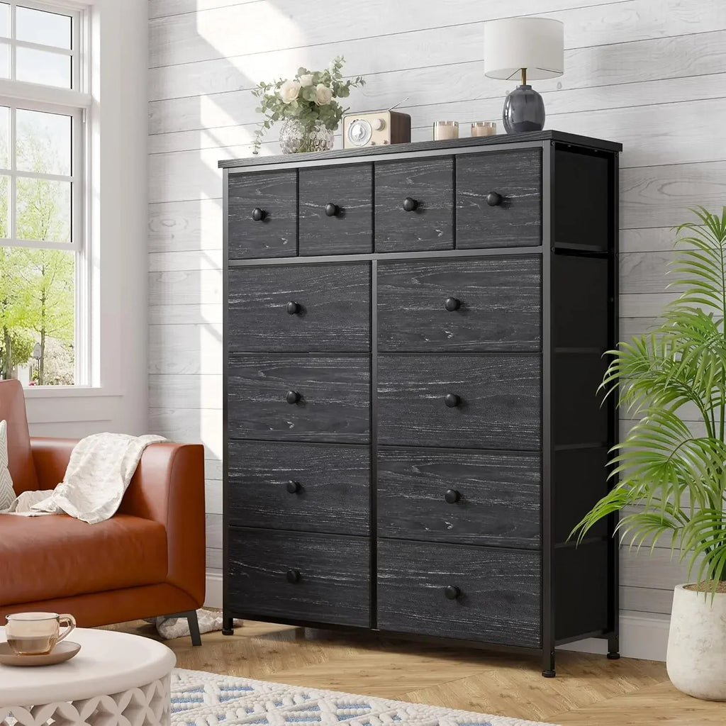 Sleek Black Dresser with 12 Drawers; Tons of Storage.