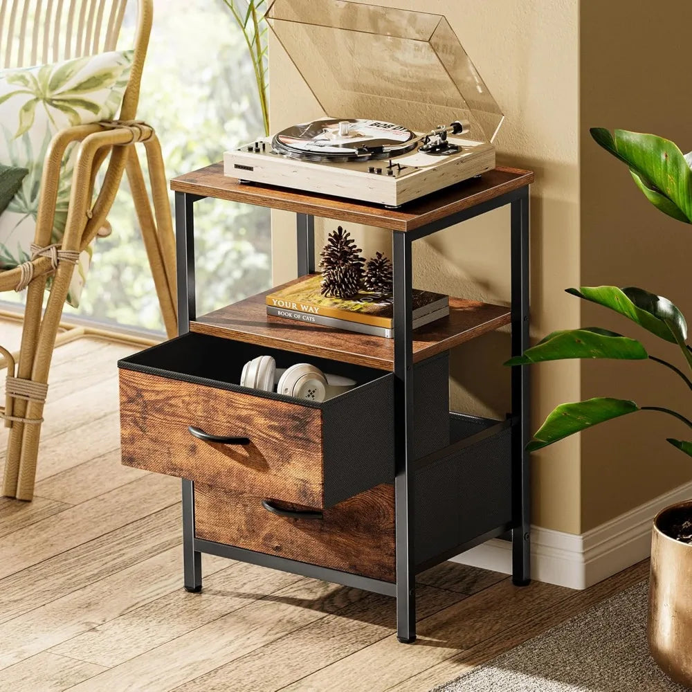 2-Drawer Nightstand, Open Shelf, Rustic Brown,