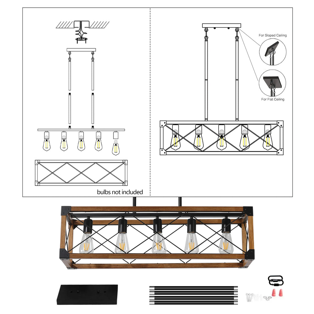31“ Industrial Wood & Iron Frame, 5-Light Pendant