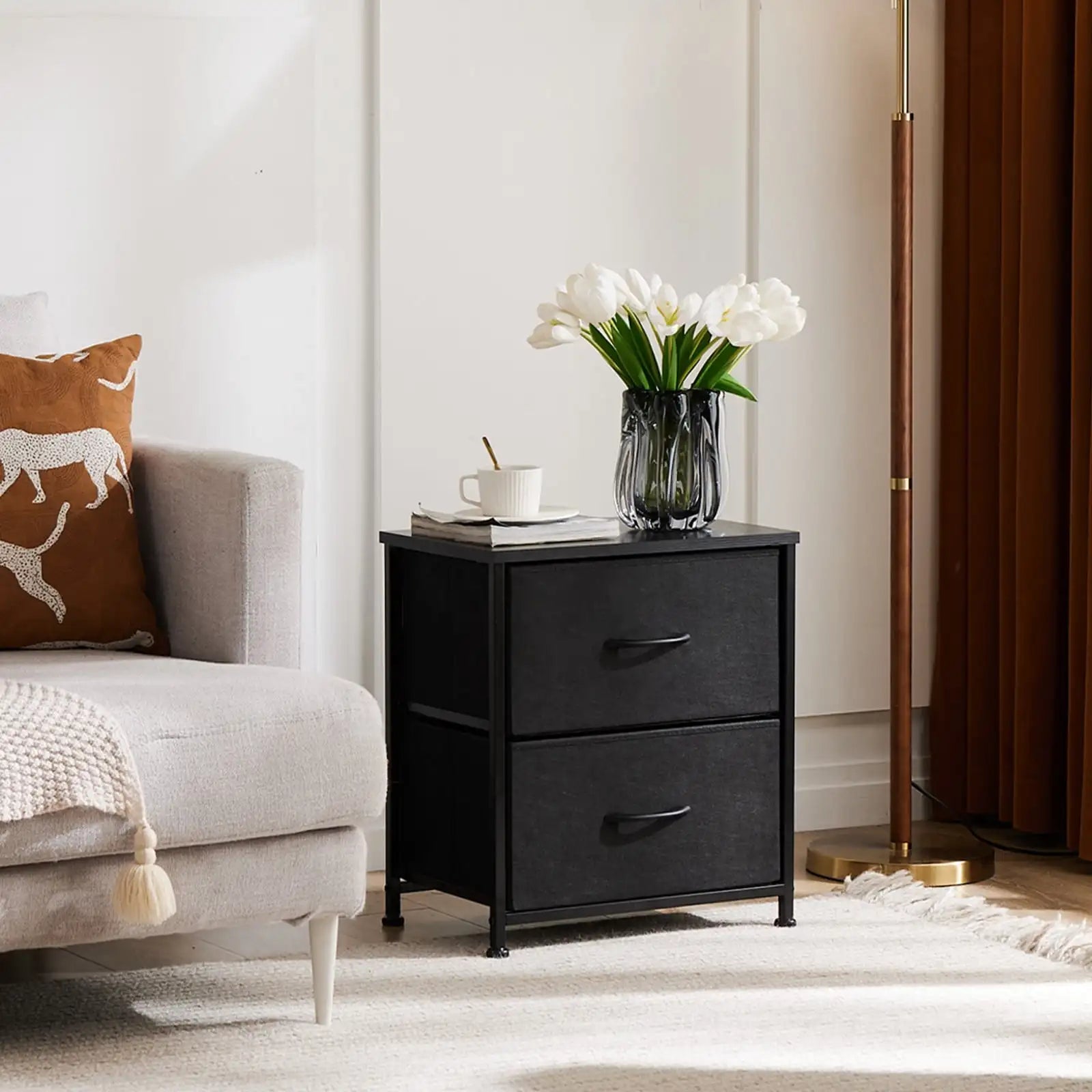 End-Tables or Nightstands, 2-Fabric Drawers, Black, Set of 2